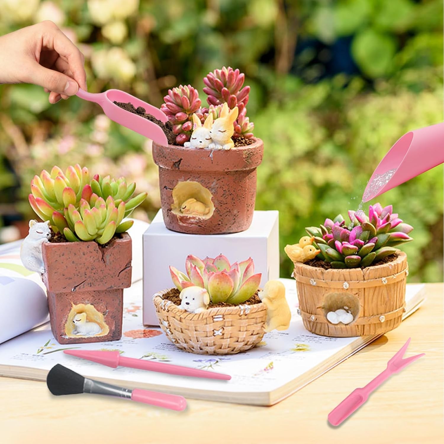 Mini Succulent Tools, 5Pc Planting Tools Kit for Indoor Black/Pink