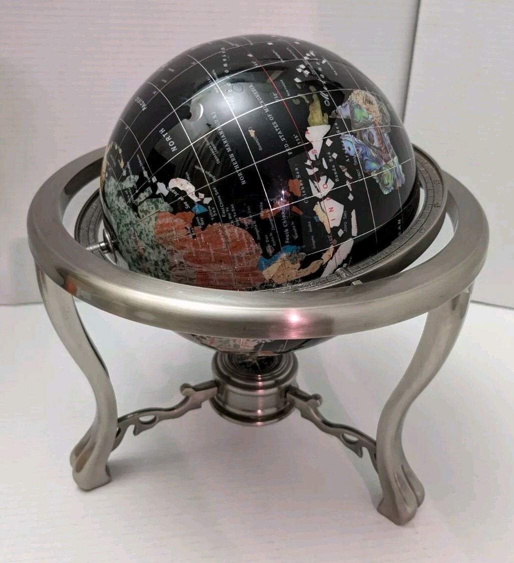 World Globe-Semi-Precious Inlaid Stone and Shells w Compass