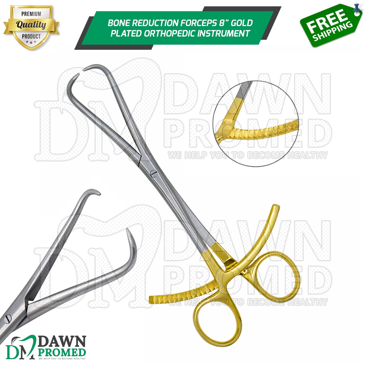 Bone Reduction Forceps 8" Curved Pointed Tips Gold Plated Orthopedic German Gr