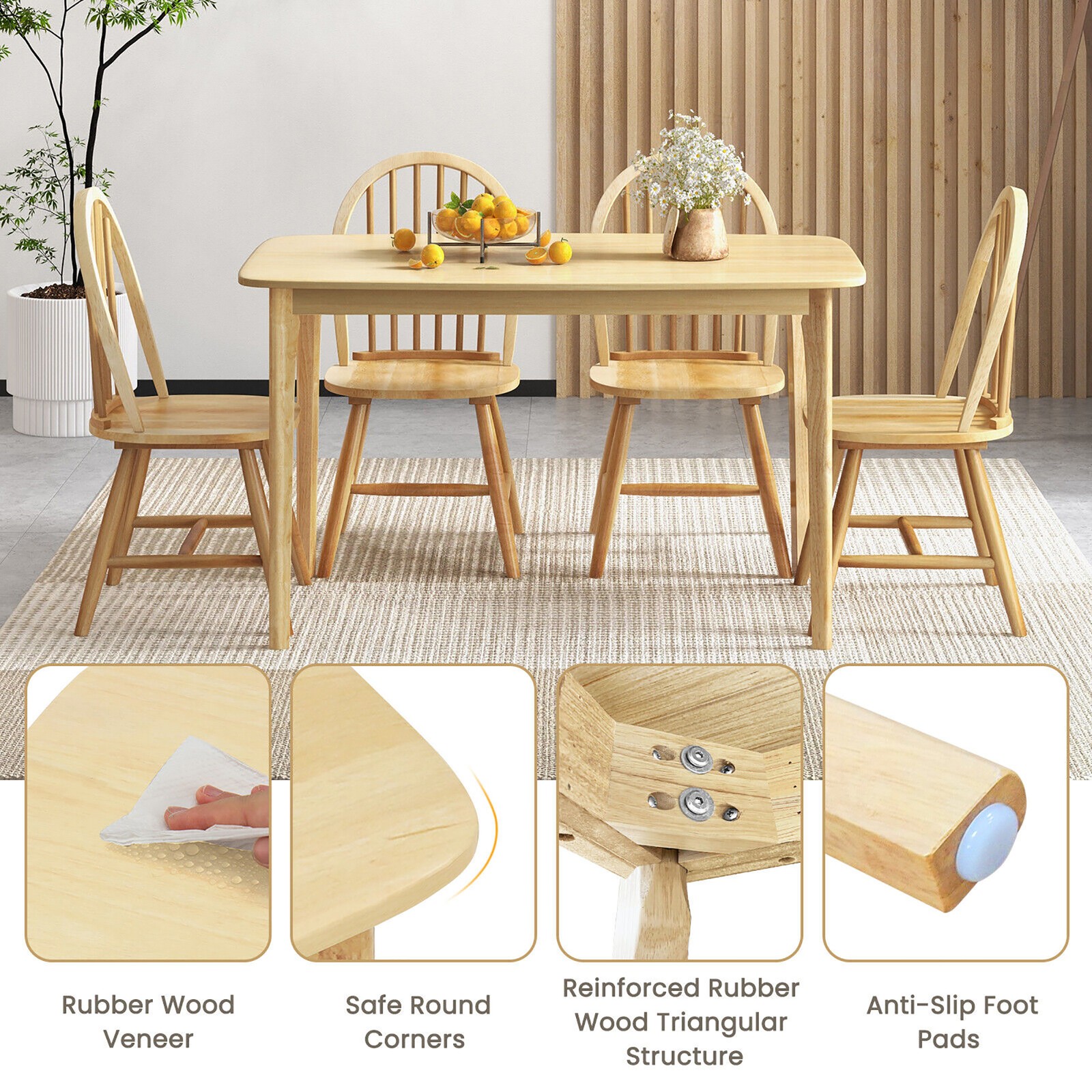 5 PCS Wooden Dining Table Set 48" Rectangular Kitchen Table & 4 Windsor Chairs