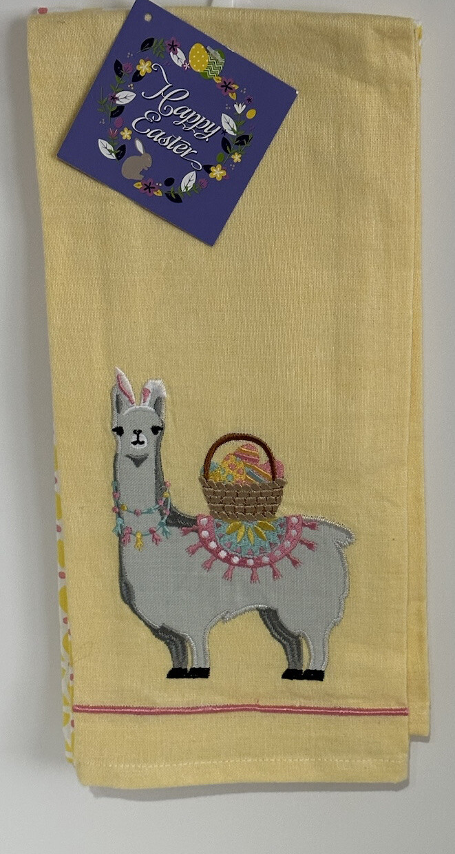 Set of 2 Llama Easter yellow Kitchen tea hand towels cotton cute whimsy Spring