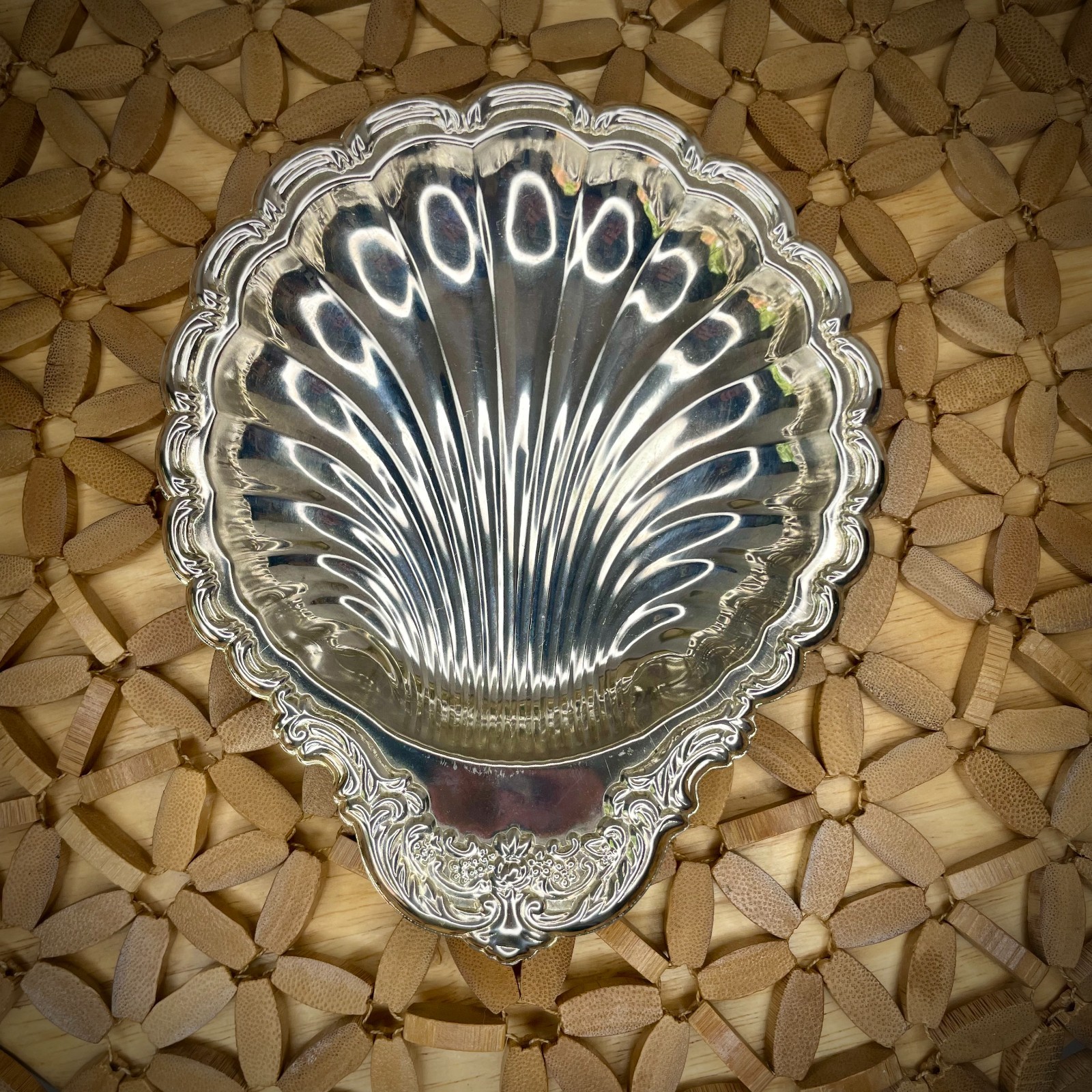 Vtg Silver Plated Seashell Trinket Dresser Dish 6" x 5" Cottage Granny Core