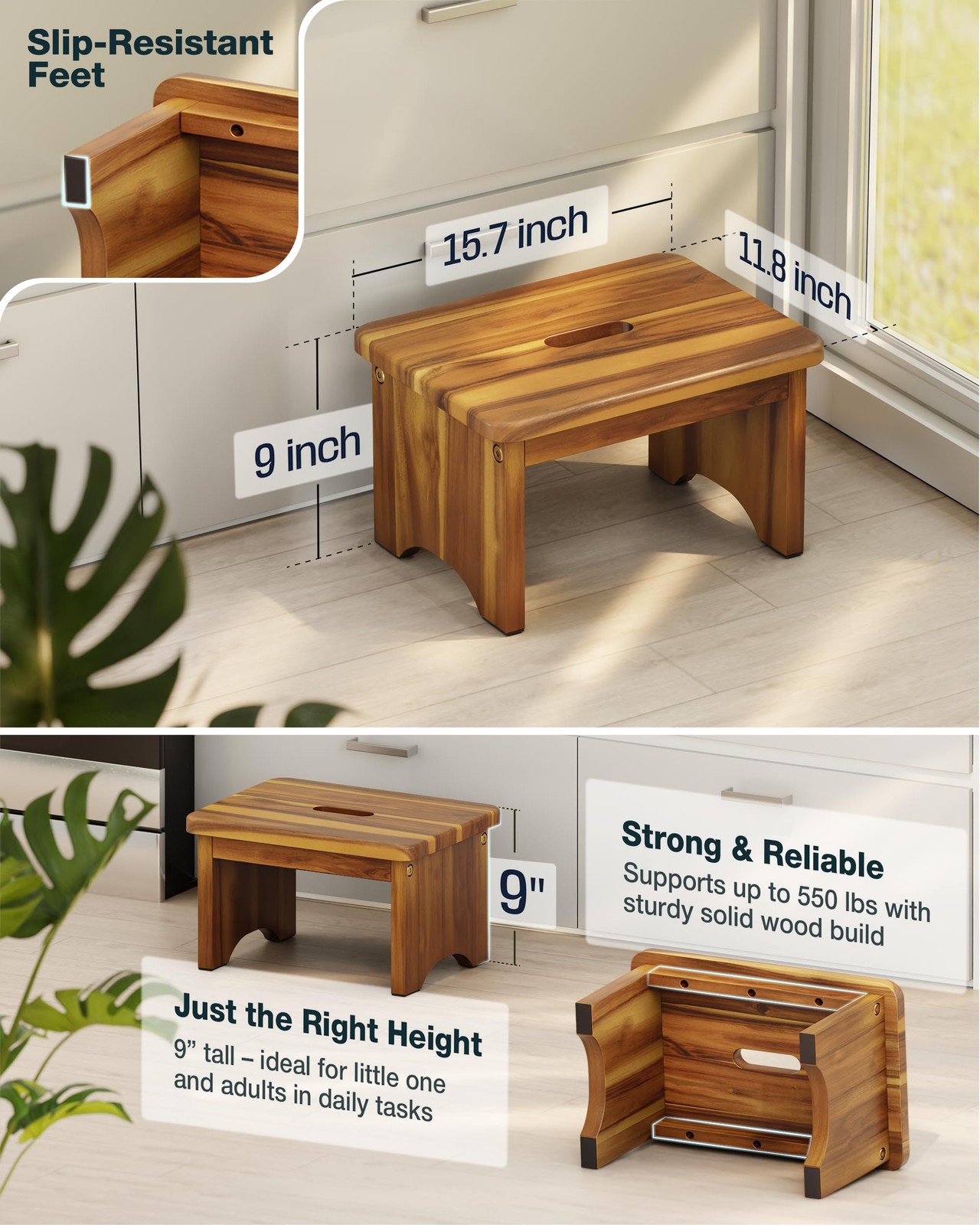 FANATU Wooden Step Stool, 9'' One Stool for 9in Height, Warm Acacia