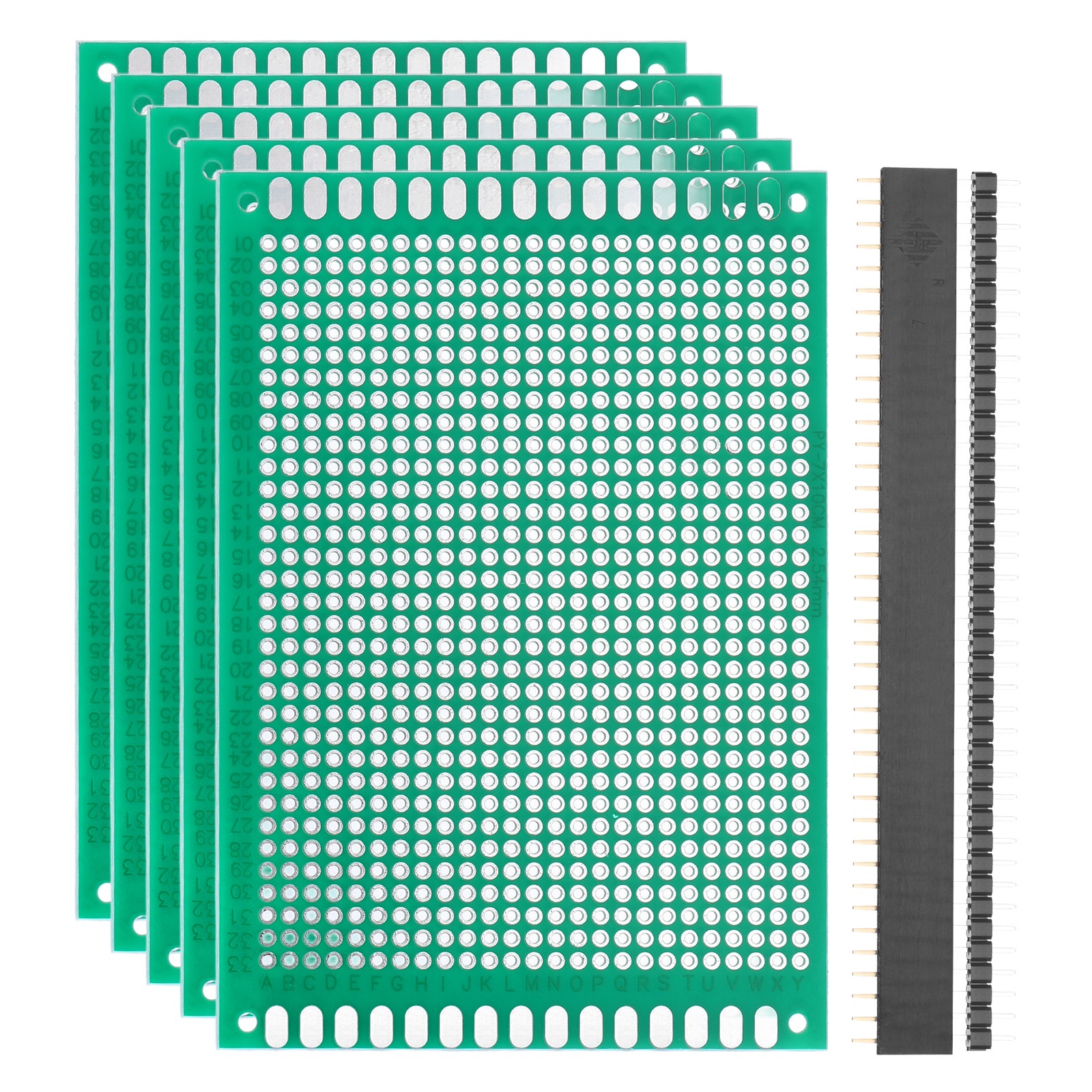 5Pcs 10x7cm PCB Board Kit 2.54mm Spacing 1.5mm Thick W 40-Pin Headers, Green