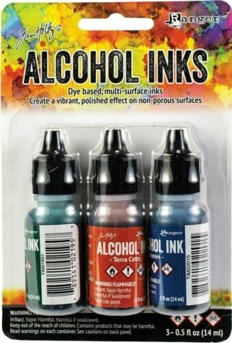 Ranger Tim Holtz Alcohol Ink Kit, RUSTIC LODGE, Bottle, Terra Cotta, Denim New
