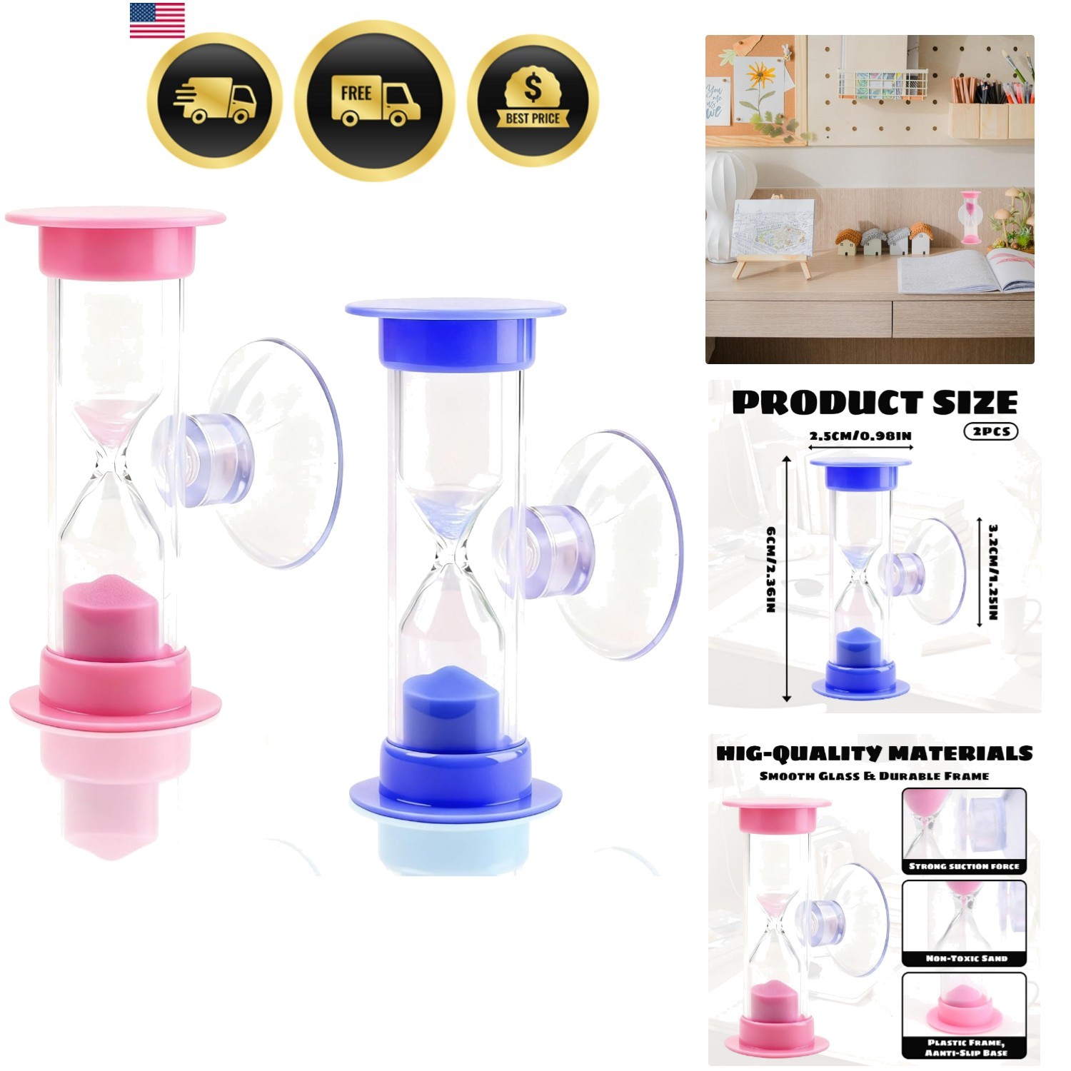 2-Pack 2 Minute Hourglass Sand Timer with Suction Cup - Unbreakable Sucker Sa...