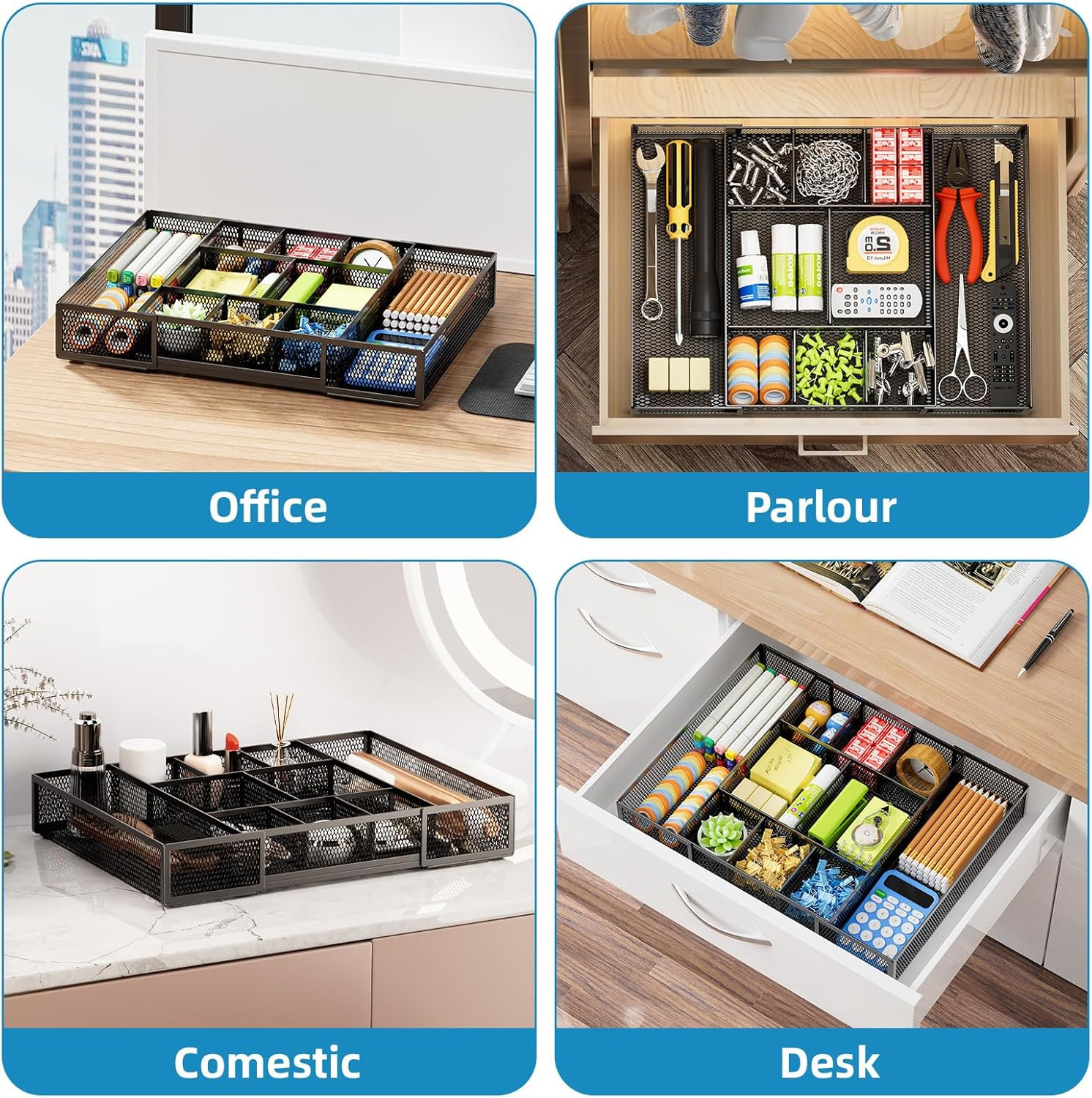 Expandable Drawer Organizer Tray Adjustable Desk Storage Divider Black Mesh