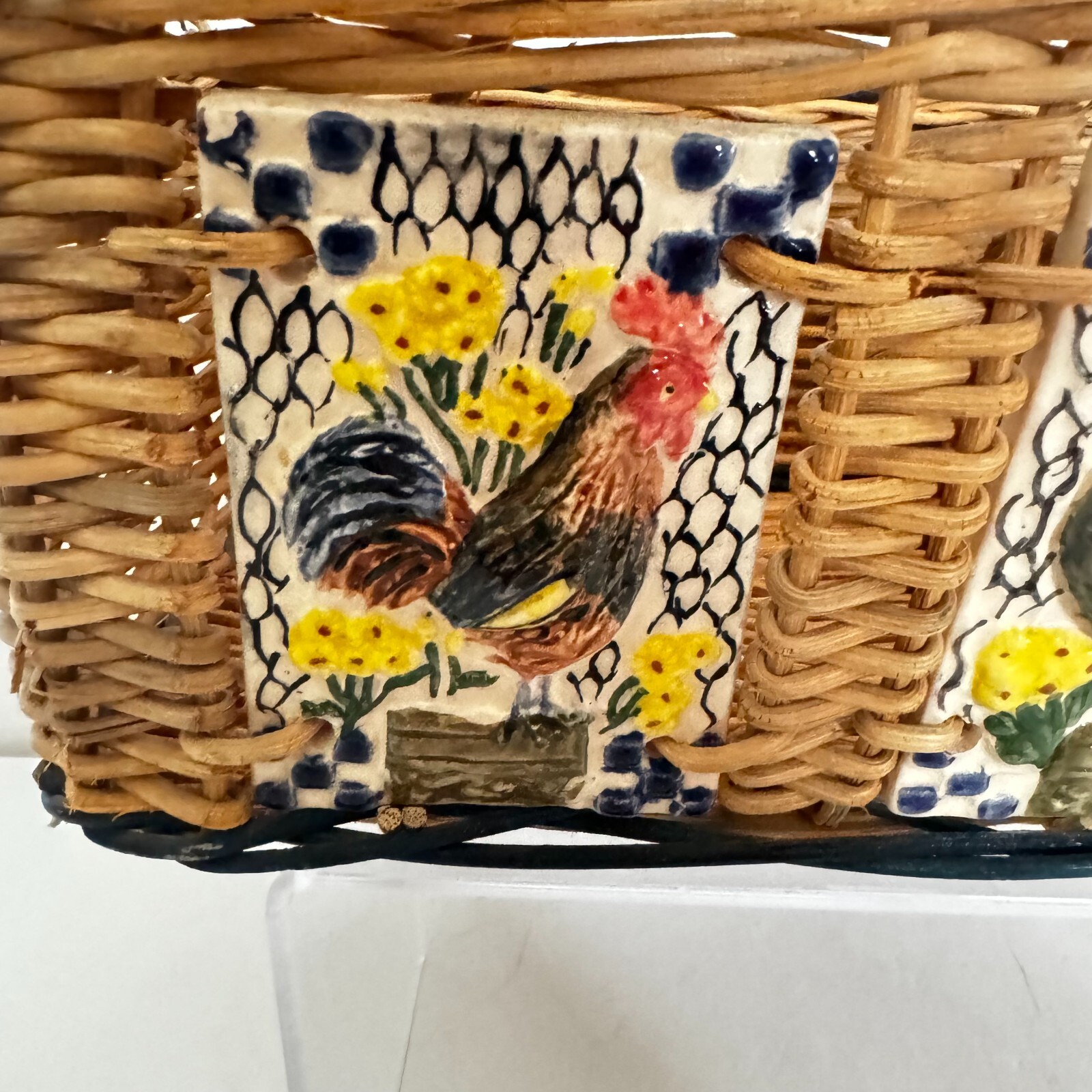 Decorative Wicker Basket with Rooster Ceramic Tiles Tan Rectangle Country