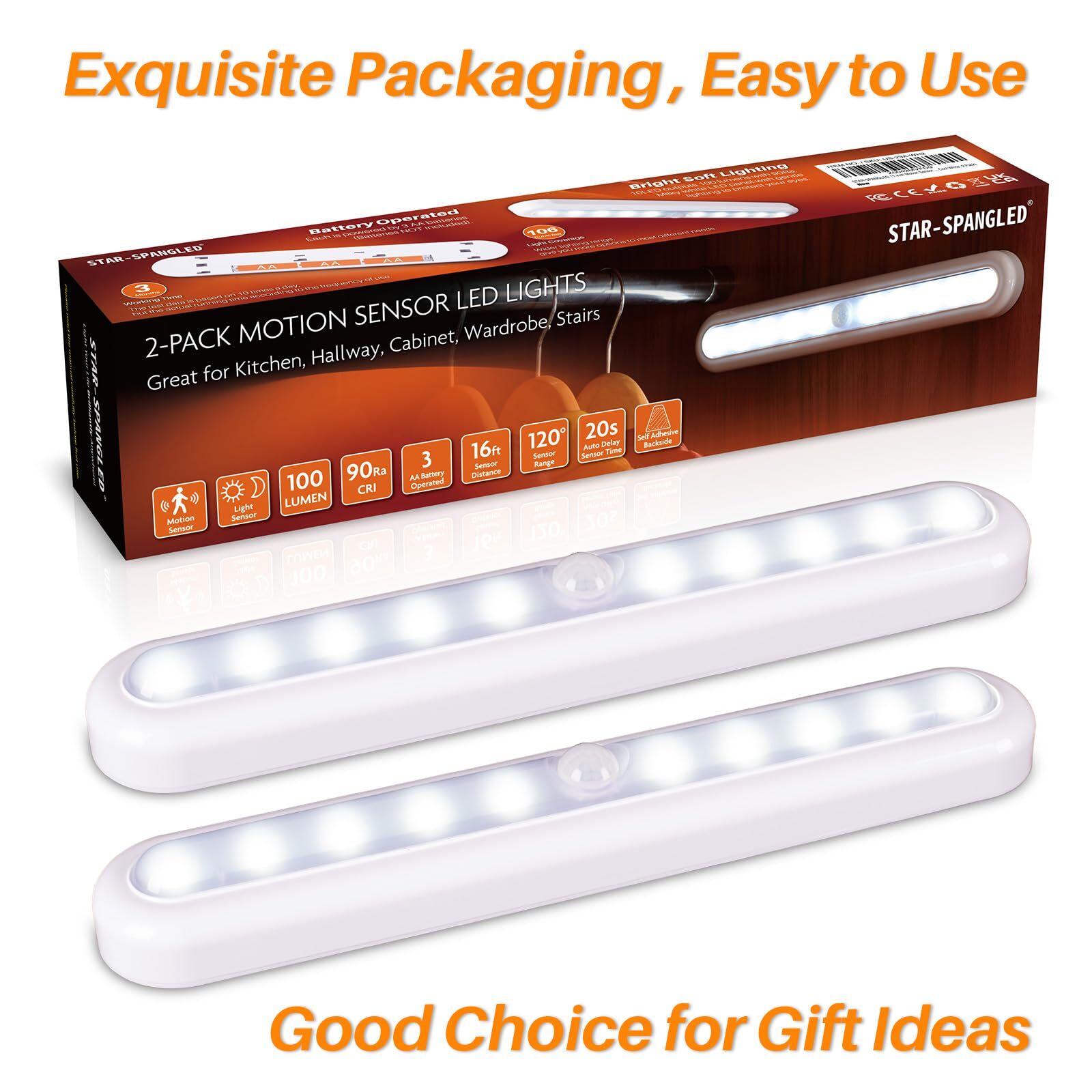 Motion Sensor Indoor Lights Battery Operated Stick on LED Cool White 2 Pack