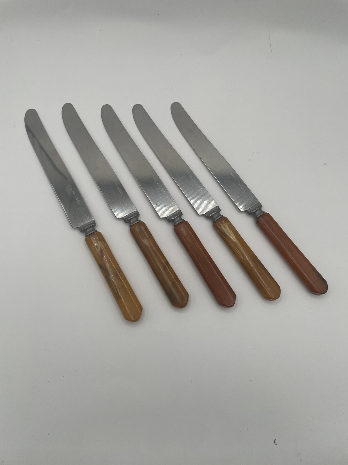 Rare Vintage Lot Of 5 MCM Stainless Steel Gold Bakelite Handles Butter Knives