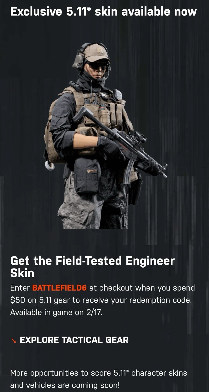 5.11 x Battlefield 6 Digital Skin Code (Read Description)