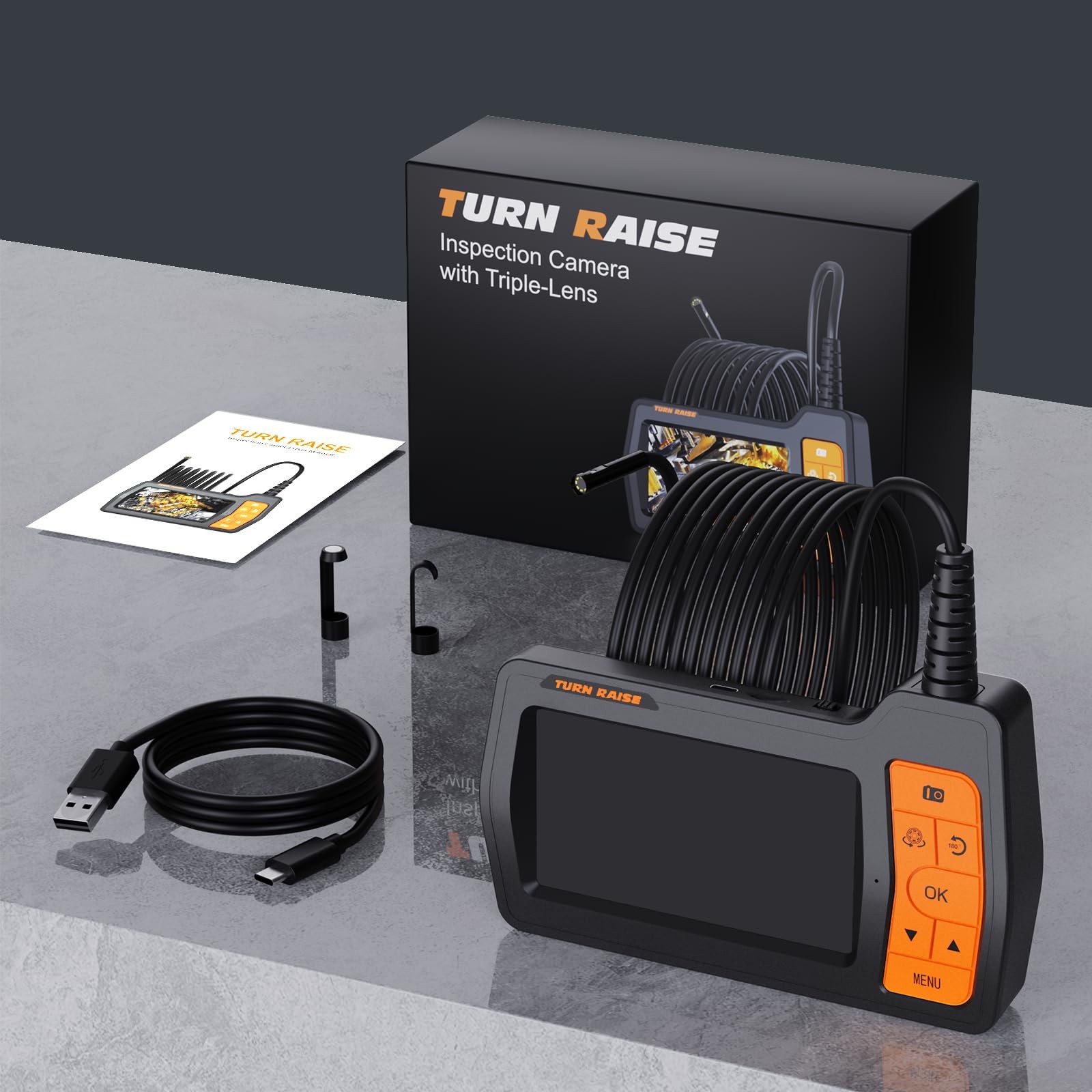 Triple Lens Inspection Drain Camera, 5 IPS Split Screen Borescope with Light &