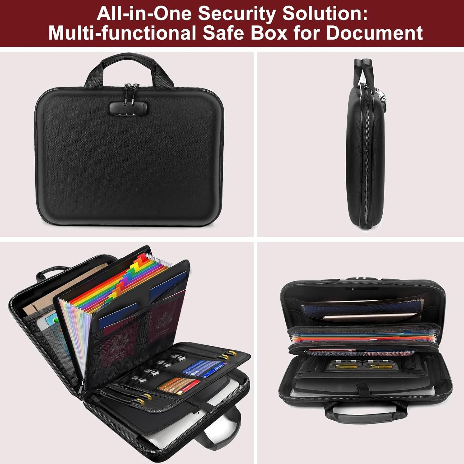 Secure Hard-Shell Fireproof Document Box with Combination Lock - 42 Compartments