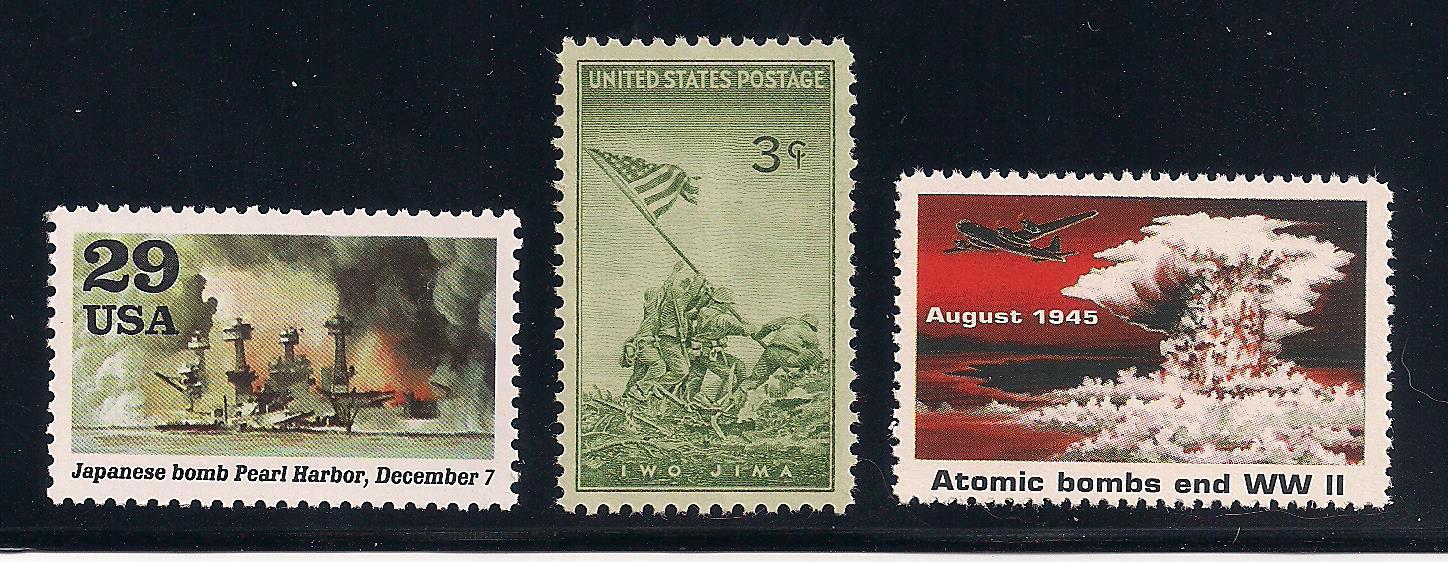 WWII - U.S. vs JAPAN - PEARL HARBOR, IWO JIMA, ATOMIC BOMB - SET OF 3 STAMPS