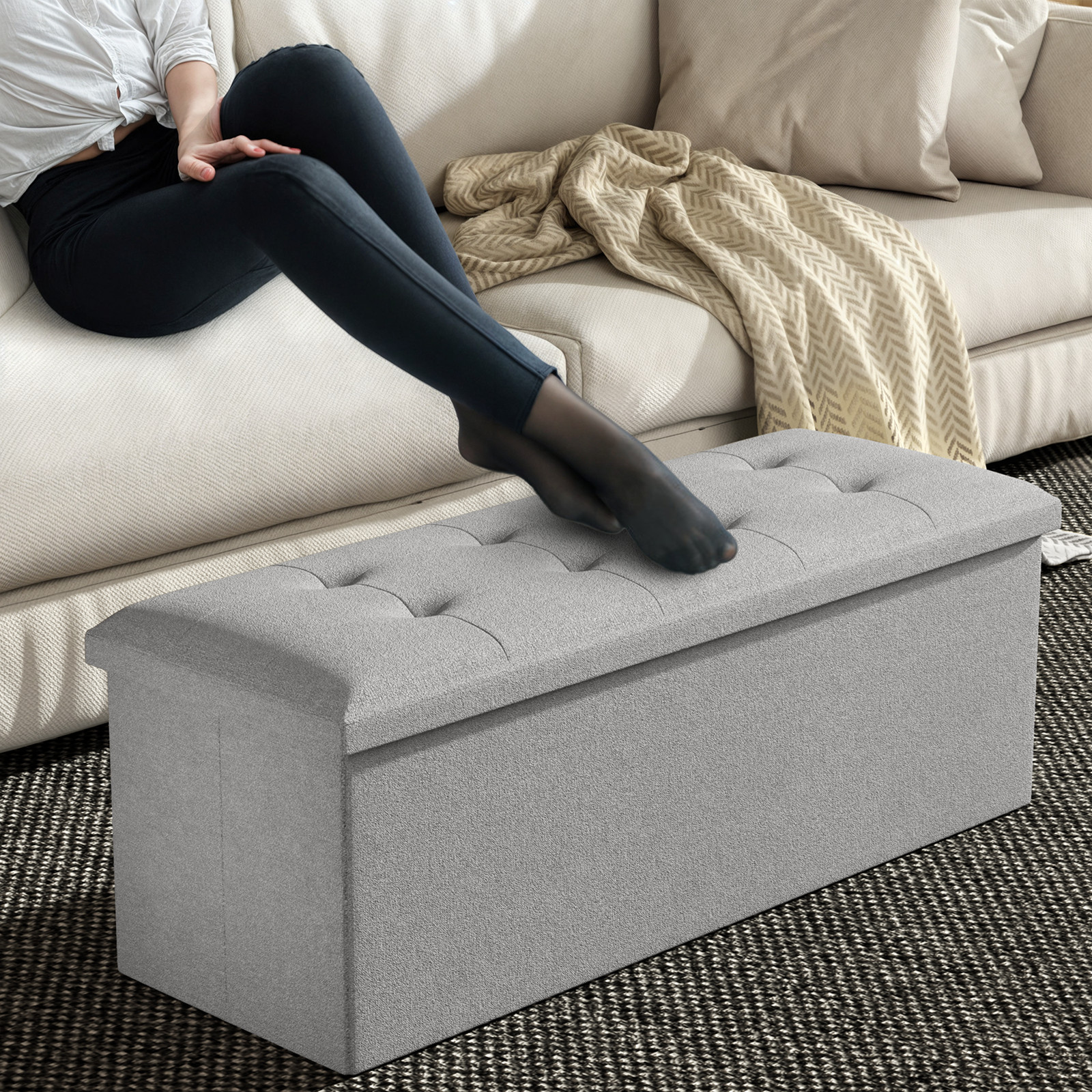 43" Light Gray 130L Storage Ottoman Foot Stool Folding Bench with Flipping Lid