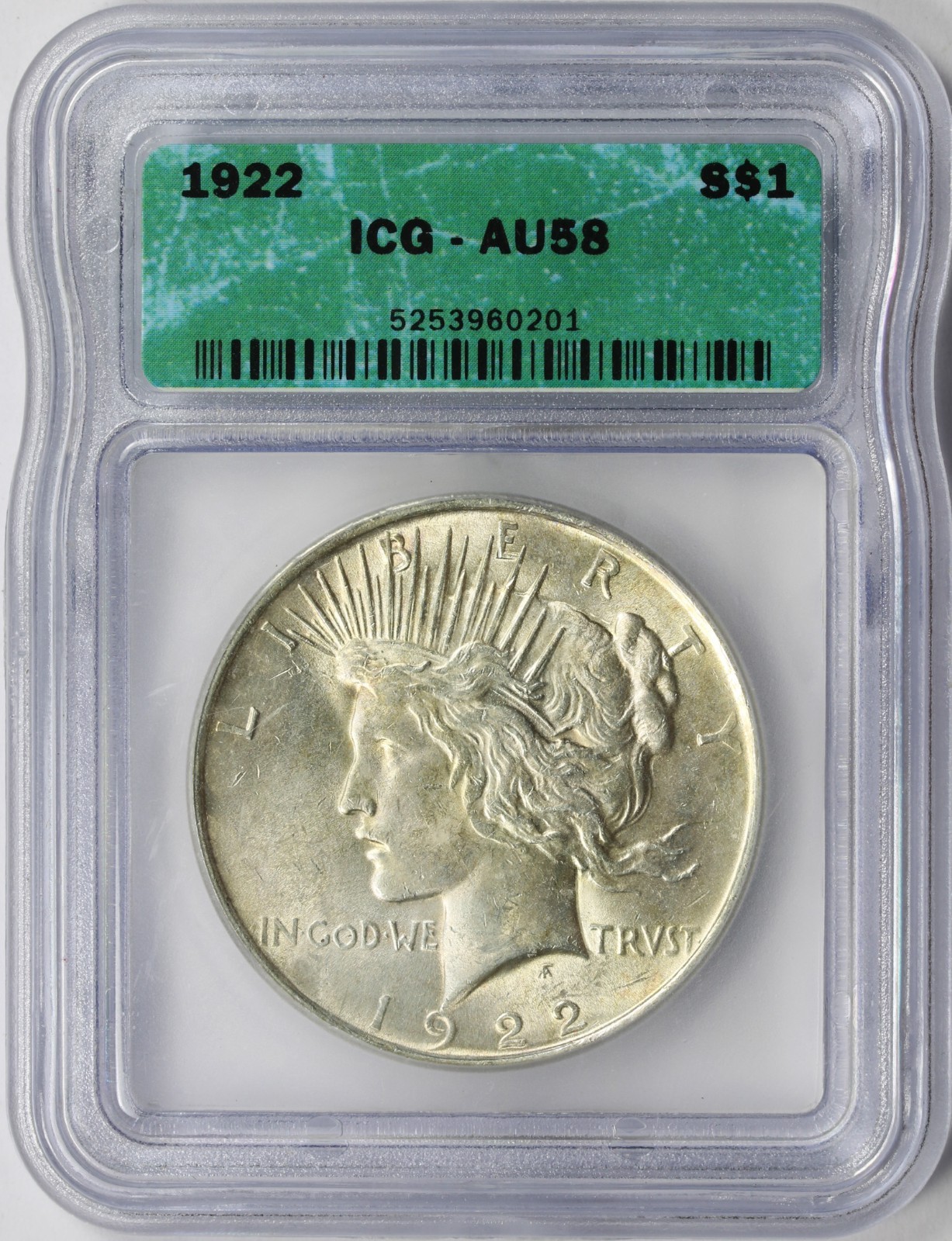 1922 $1 Peace Silver Dollar ICG AU58