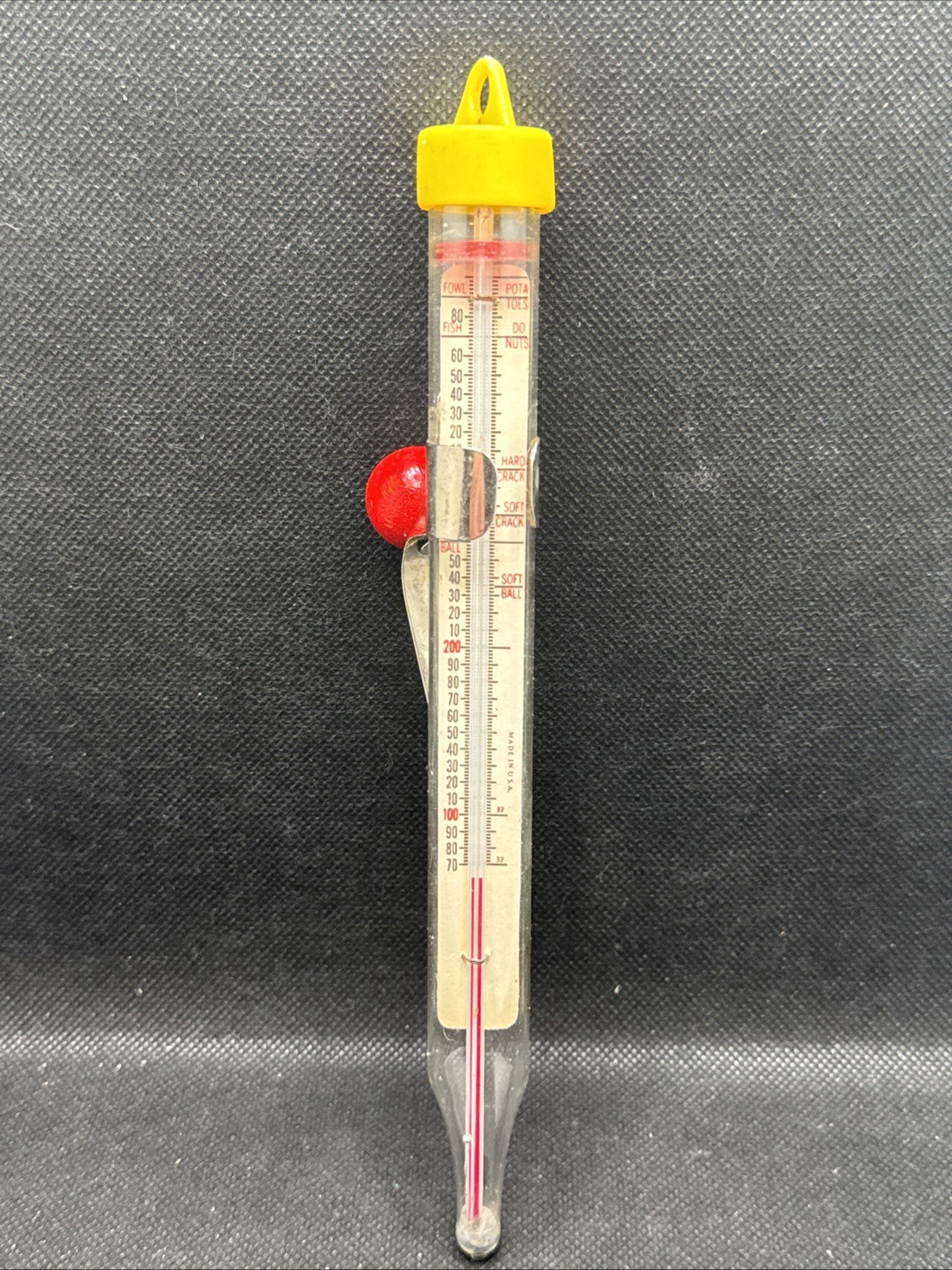 Vtg Chaney  Acu-rite Glass Thermometer Deep Fry Candy Jelly Made in USA Red wood