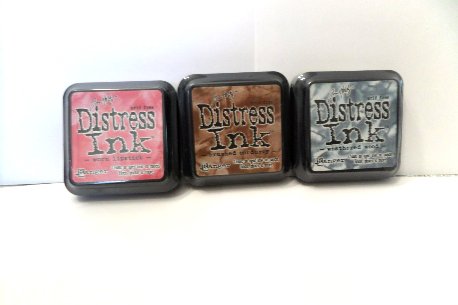 3 Tim Holtz Distress 3"x3" Ink Pads WORN LIPSTICK/BRUSHED CORDUROY/WEATHER WOOD