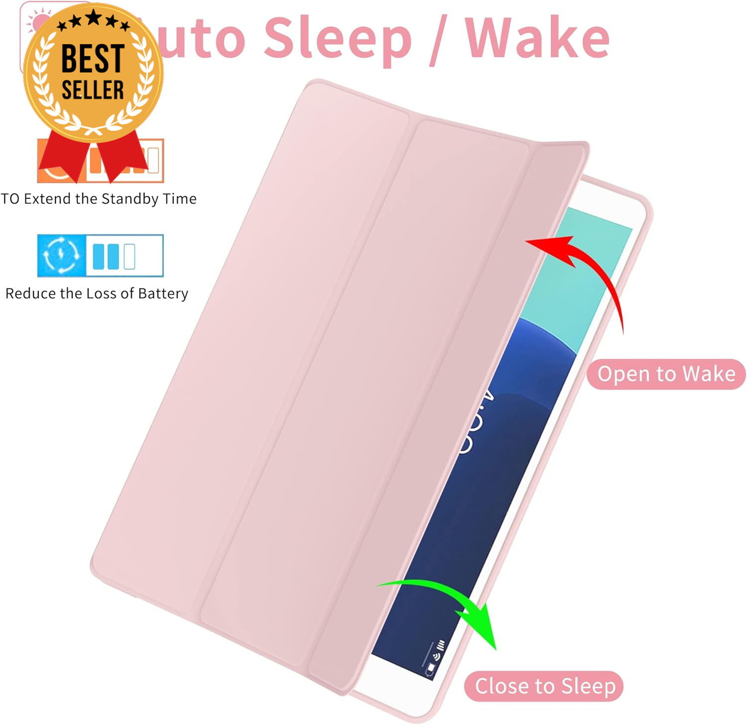 IPad 9th/8th/7th Gen Case – Slim Trifold Stand, Auto Wake/Sleep, Pink