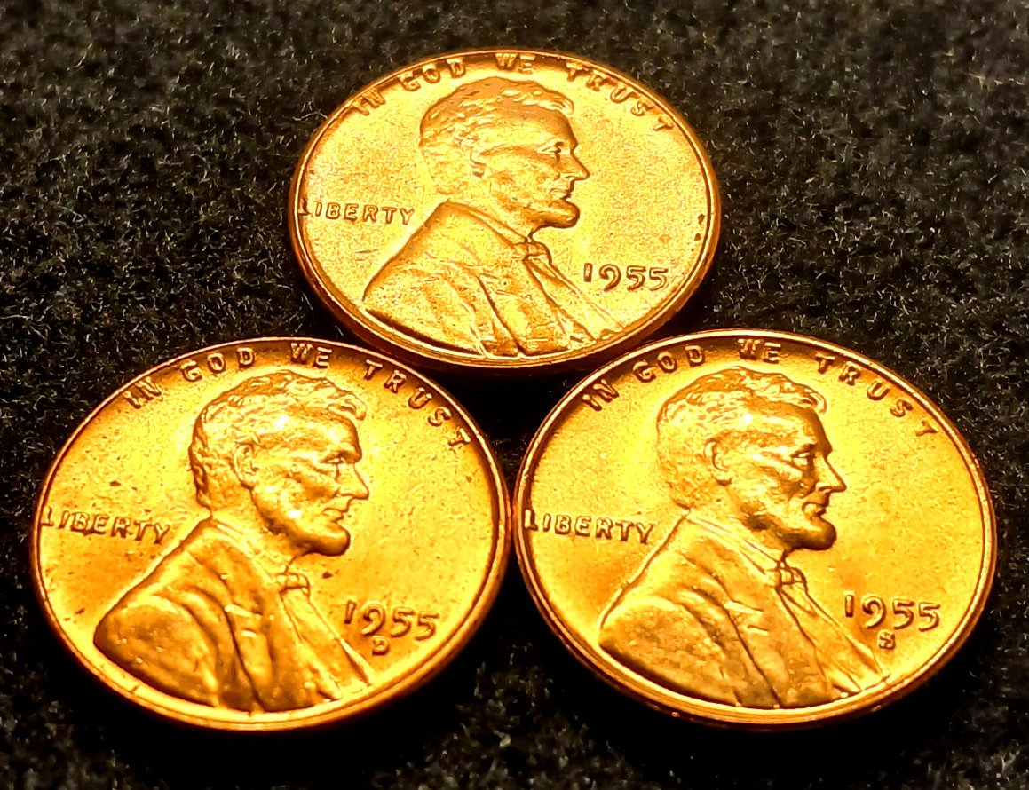 Lincoln cents 1955 P, D and S, all 3 mints