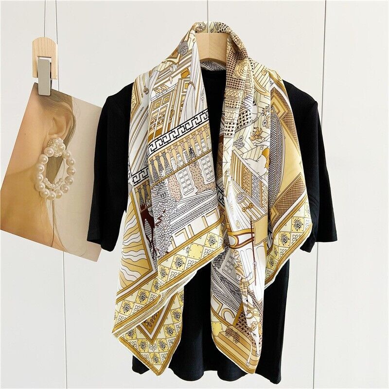 Treasure Print Pure Mulberry Satin Silk Scarf Kerchief Square Shawl 42" Beige