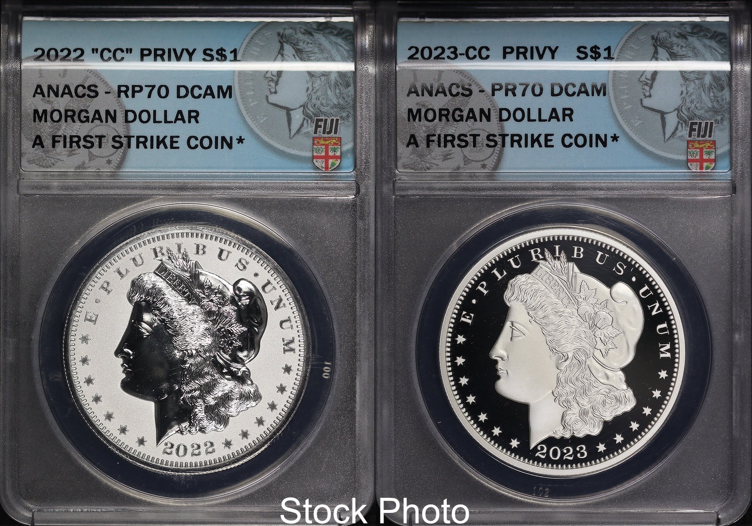2022 & 2023 CC Privy Fiji $1 Silver Morgan Dollar Set ANACS RP/PR-70 DCAM FS