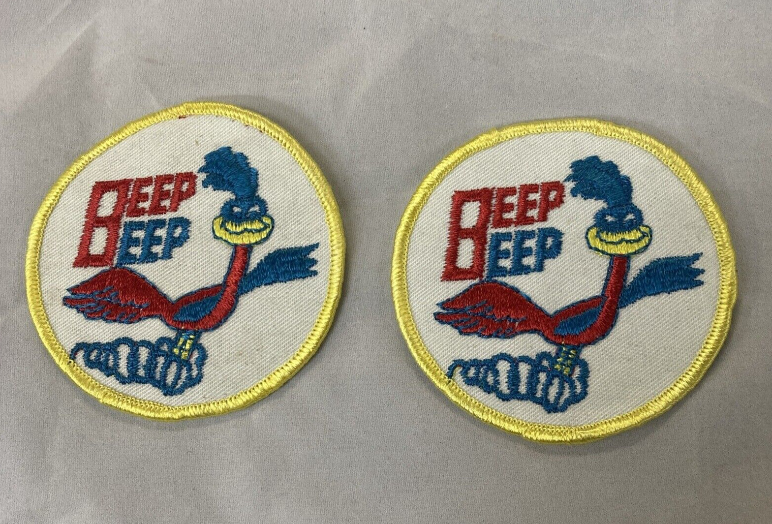 2 Vintage Embroidered Patches NOS sew on  3" Round - Road Runner Beep Beep