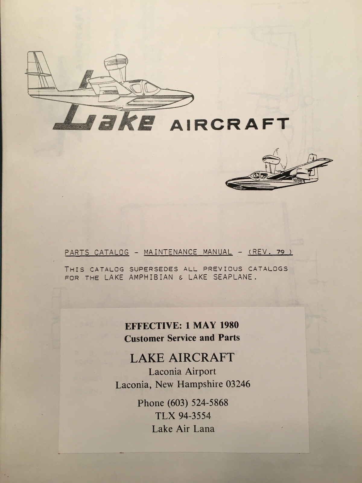 Lake Aircraft Amphibian & Lake Seaplane LA-4, LA-4-200 Parts & Service Manual