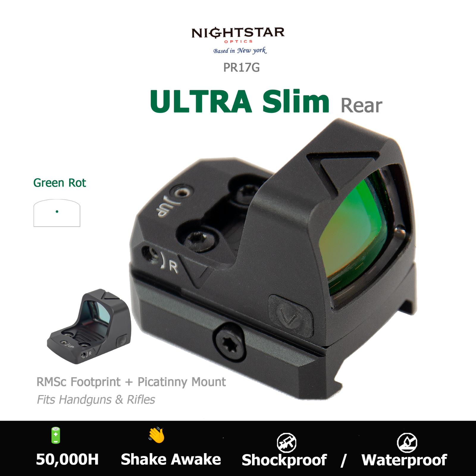 PR17G Micro Reflex Green Red Dot for RMSc Footprint & Rifle Shake Awake