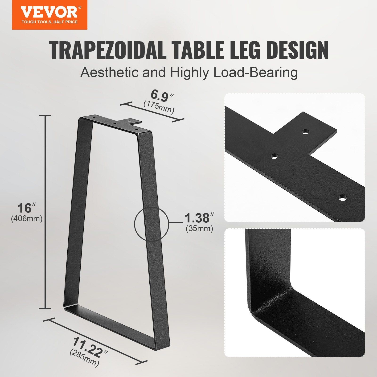 Furniture Legs Set of 2 16in Tall 400lb Capacity Steel Trapezoid