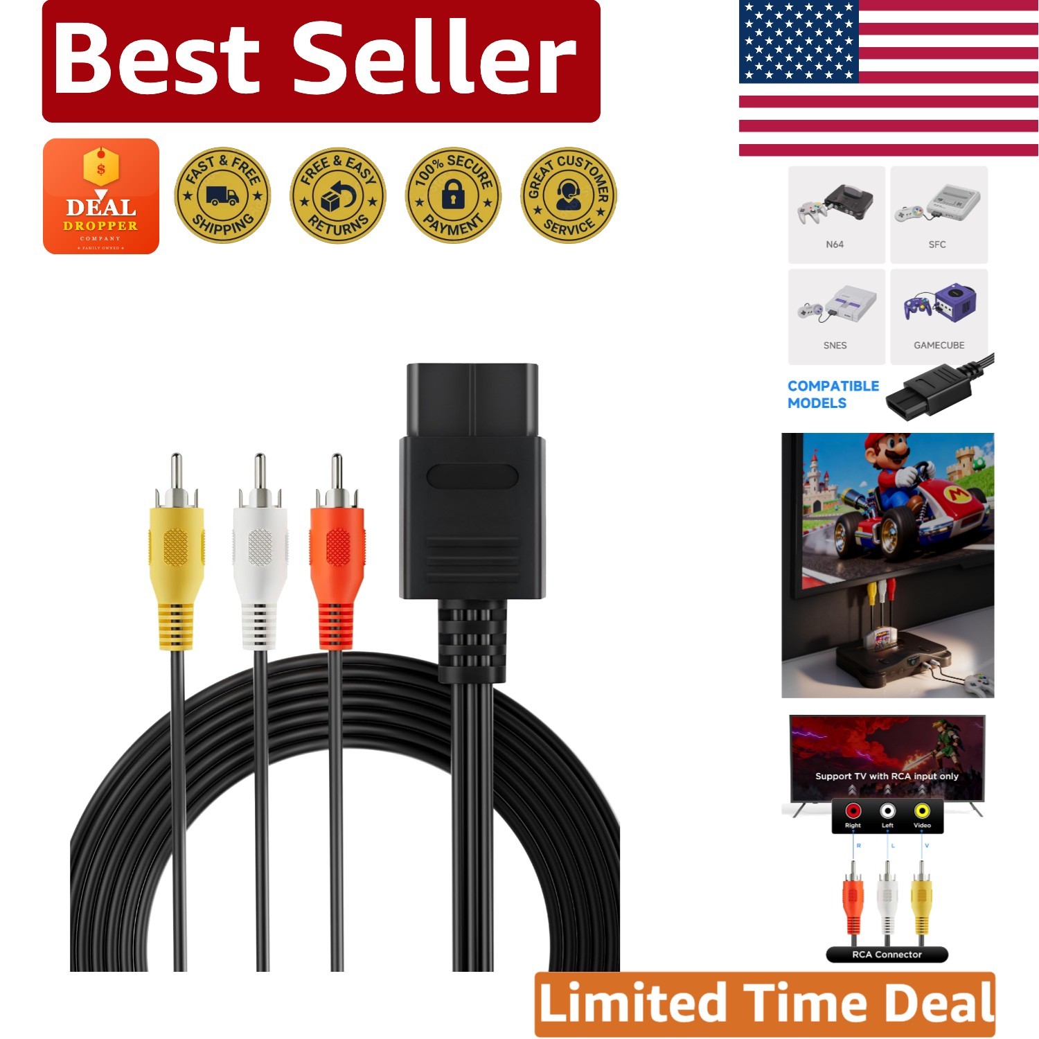 1.8m RCA Composite AV Cable for N64, SNES, SFC - Plug & Play for Classic Gaming