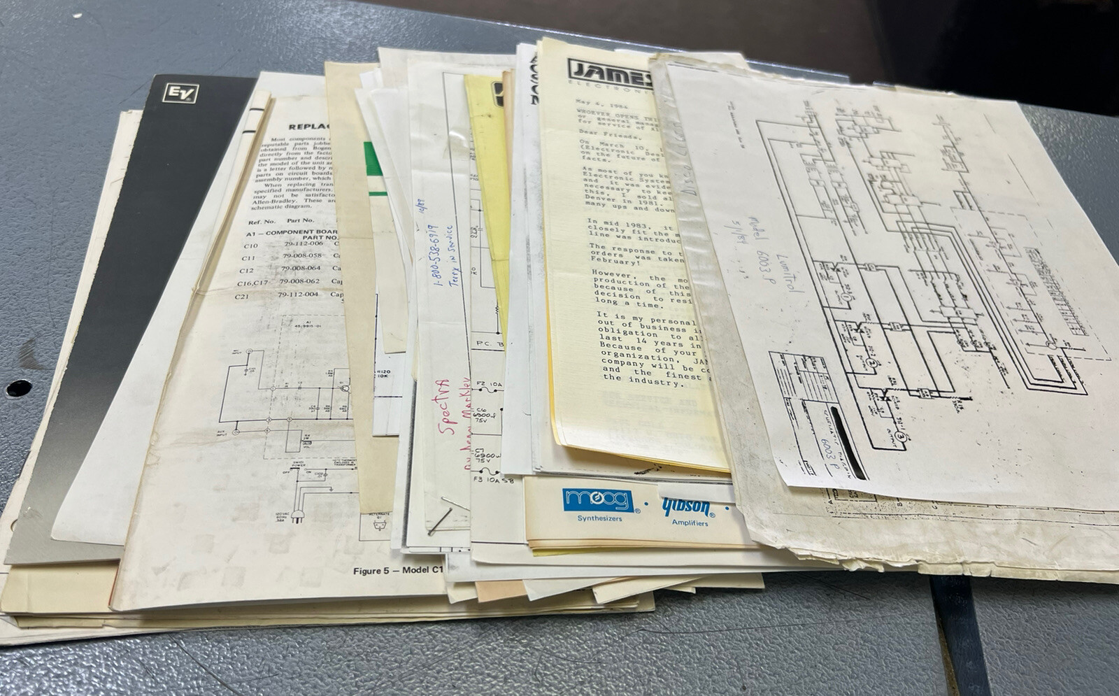 Lot of Vintage Mixed Pro Audio Dealer Sheets Diagrams & Papers from repair shop