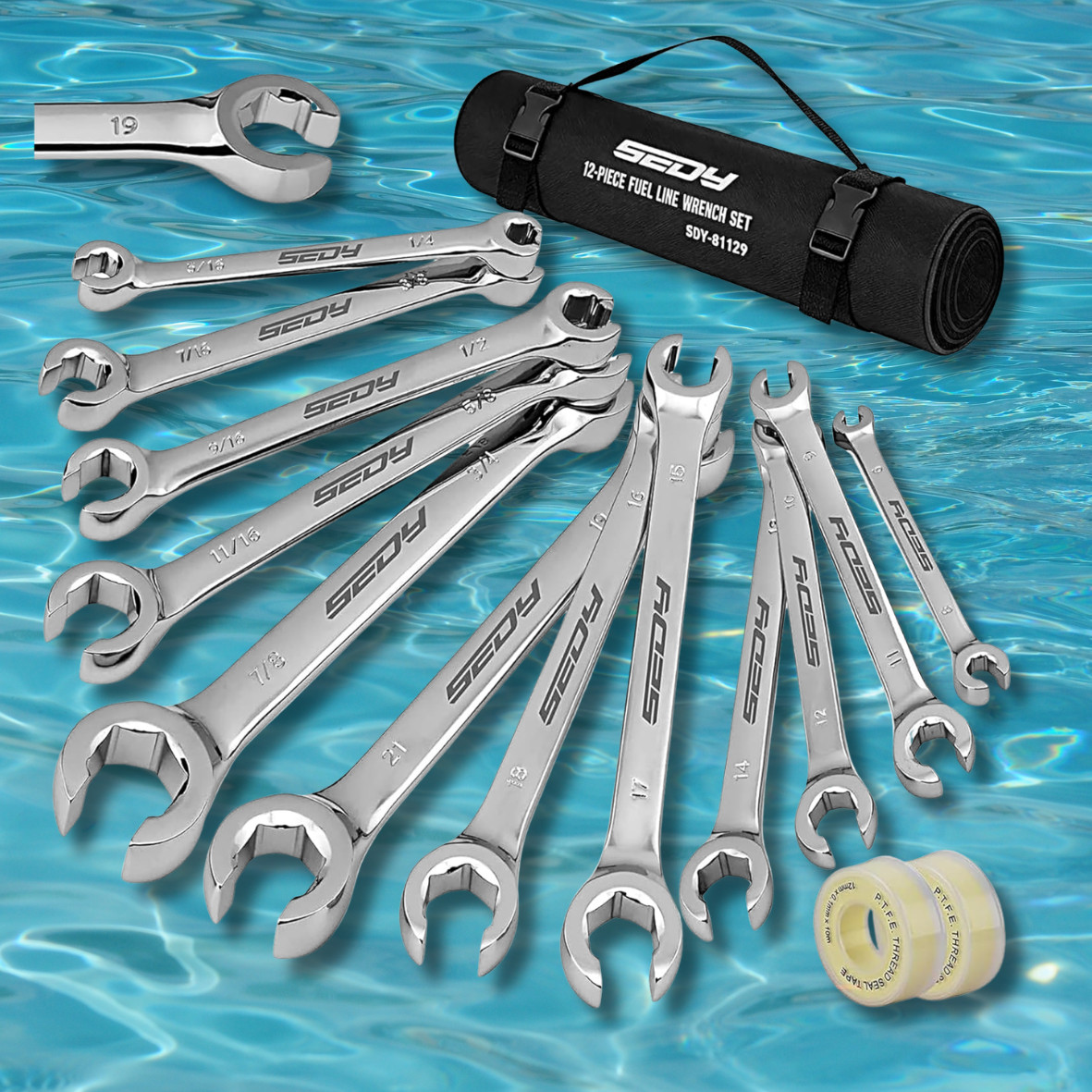 12PC Flare Nut Wrench Set with 2 PTFE Tape Metric & SAE Brake Line Wrench Offset