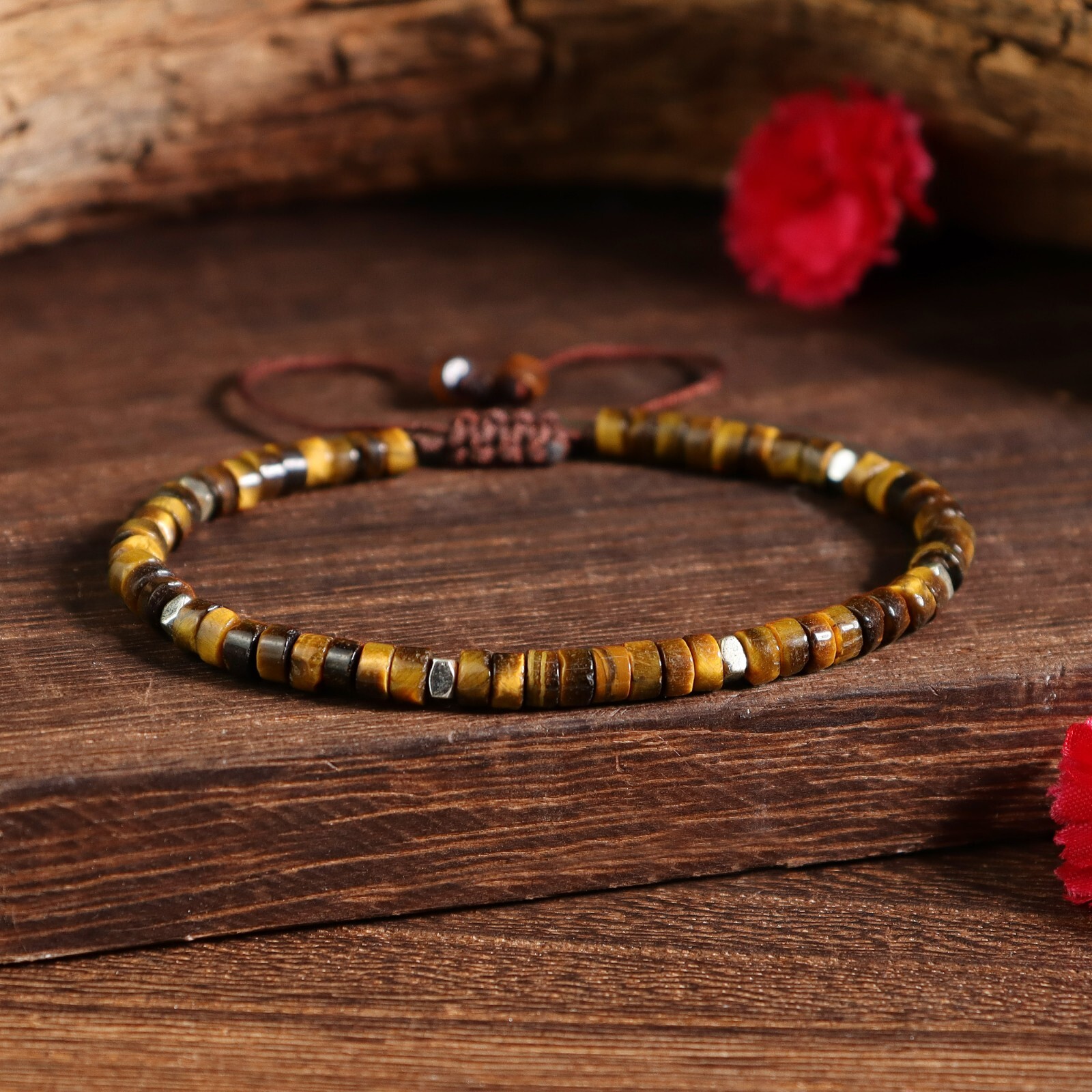 Natural Brown Tiger's Eye Tibetan Cube Beaded Healing Protection Boho Bracelet