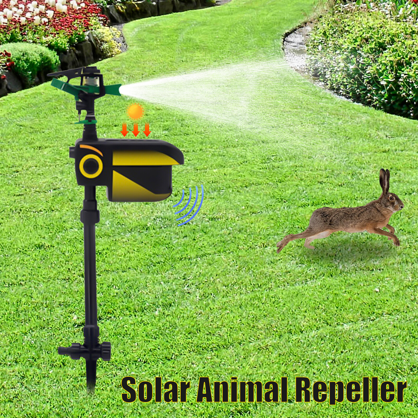 Solar Scarecrow Motion Activated Sprinkler with Day + Night Detection Modes USA