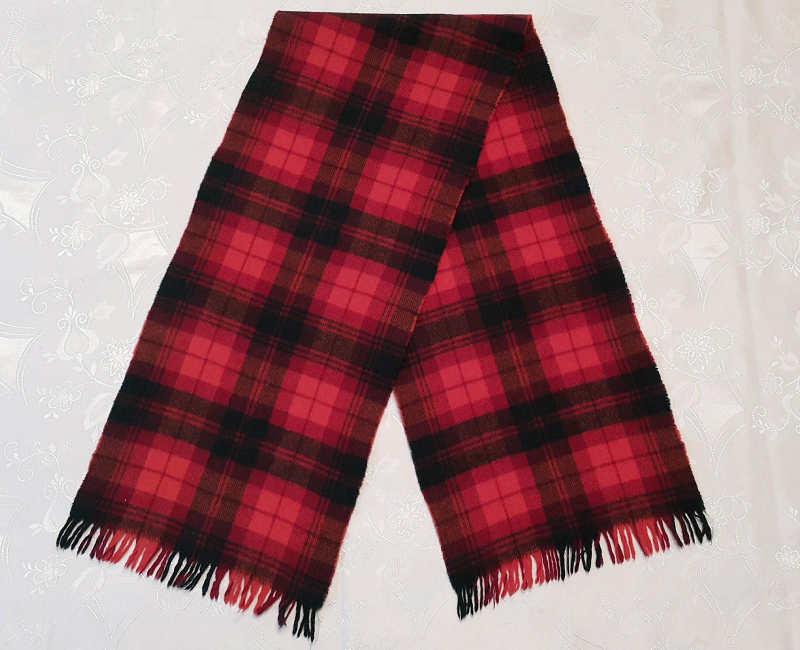 SCOTLAND VINTAGE HIGHLAND CROWN PLAID&CHECK RED LAMBSWOOL LONG MENS FRINGE SCARF