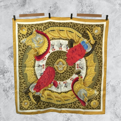 HERMES Carre 90 CASQUES et PLUMETS Silk Scarf Yellow W 90cm Japan [Used]