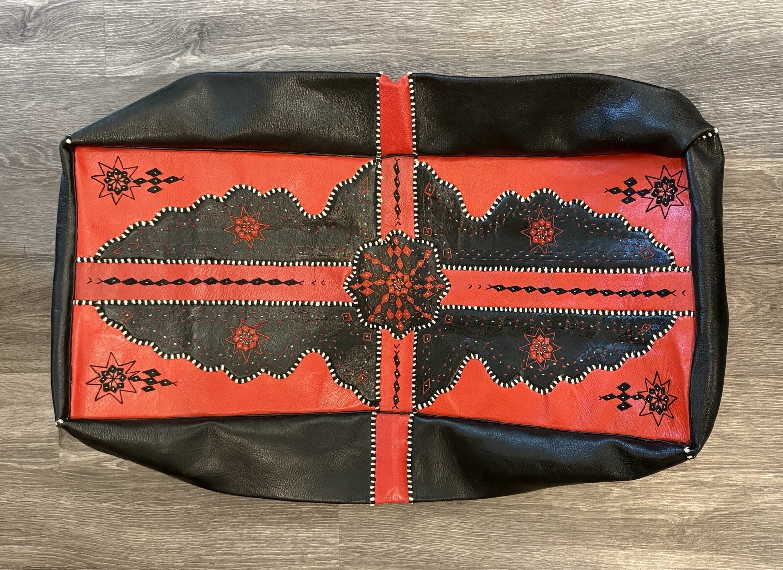 Rectangular leather pouf ottoman handmade Black Red Moroccan *cover only*