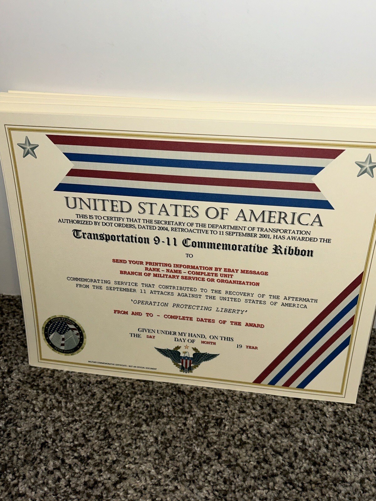 COAST GUARD / TRANSPORTATION 9-11 COMMEMORATIVE CERTIFICATE ~ W/PRINTING TYPE-1