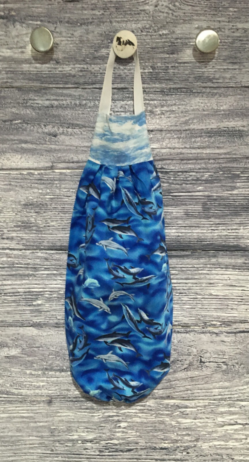 Plastic Grocery Bag Rag Sock Holder Gray Dolphin Pod Cobalt Ocean Waves