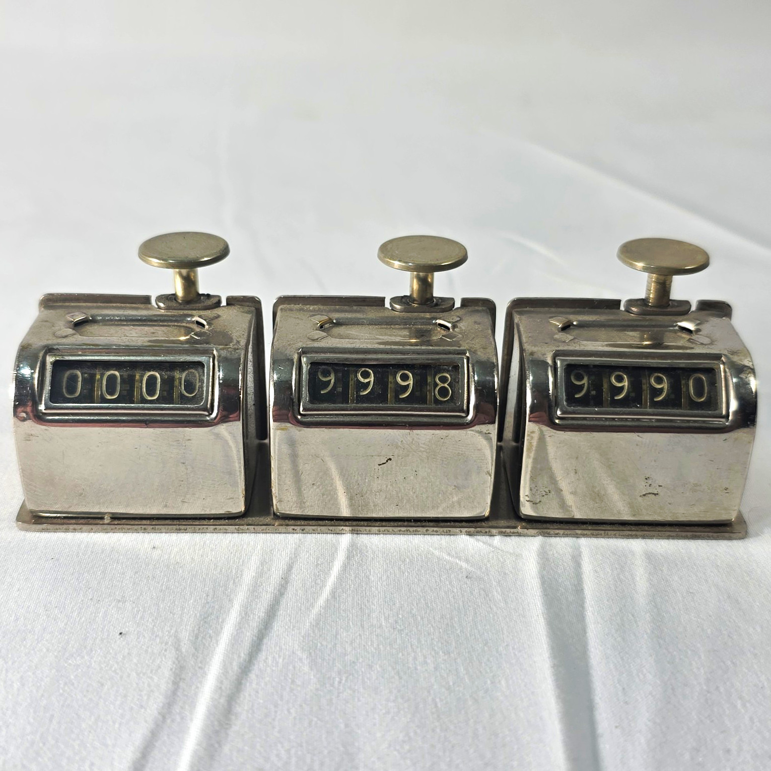Lot of 3 Triple Mechanical 4-Digit Push Button Tally Counters Metal Base