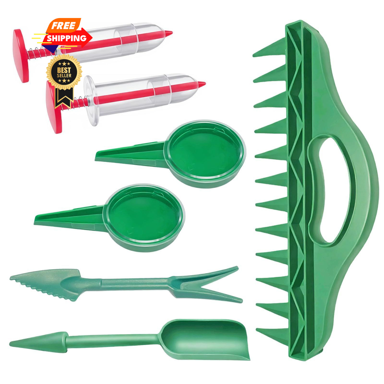 7PCS Mini Handheld Seed Spreader Set with Adjustable Speeds and 12-Hole Green