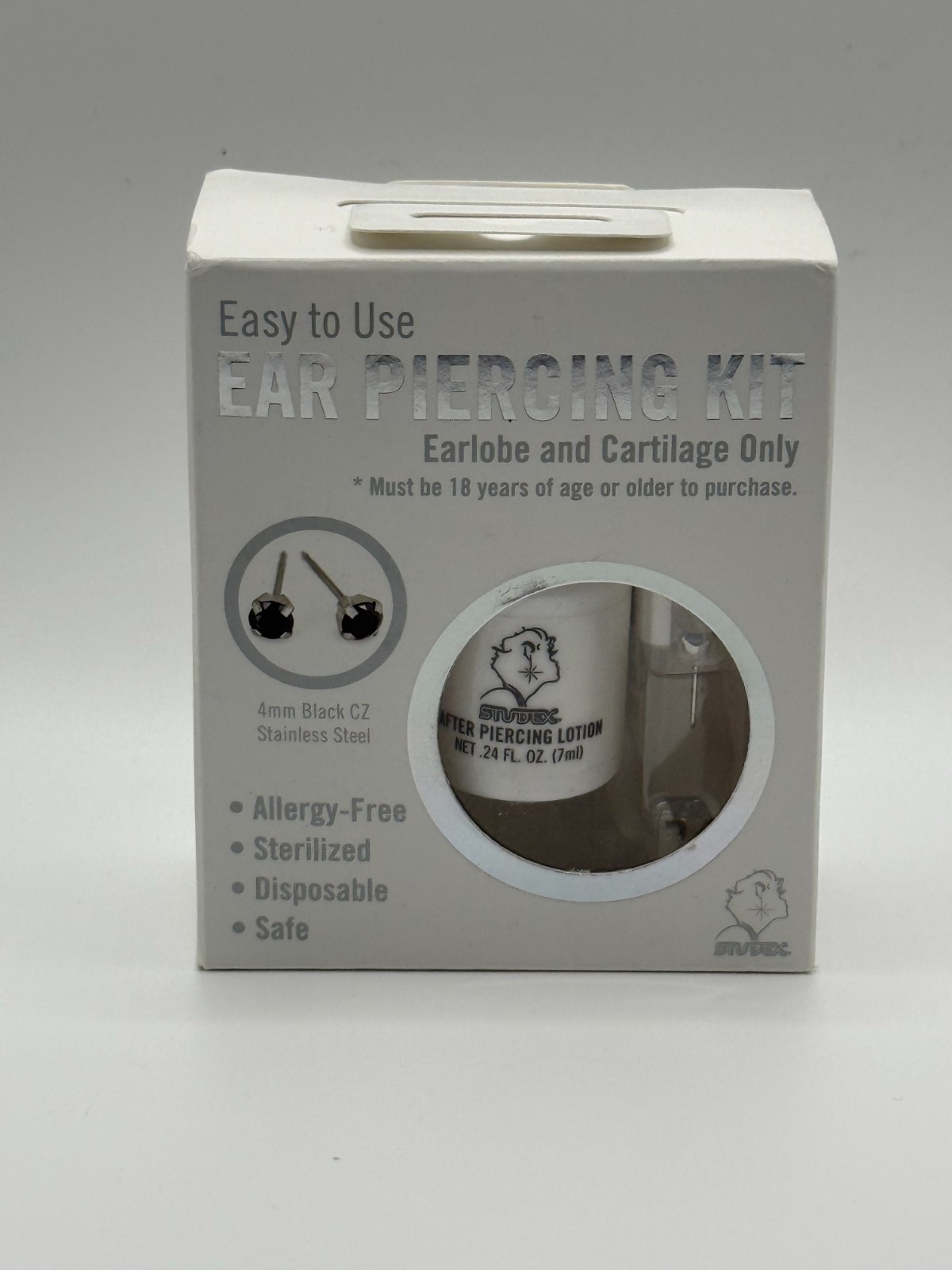 STUDEX EAR PIERCING KIT EARLOBE AND CARTILAGE ONLY 4MM BLACK CZ STAINLESS STEEL