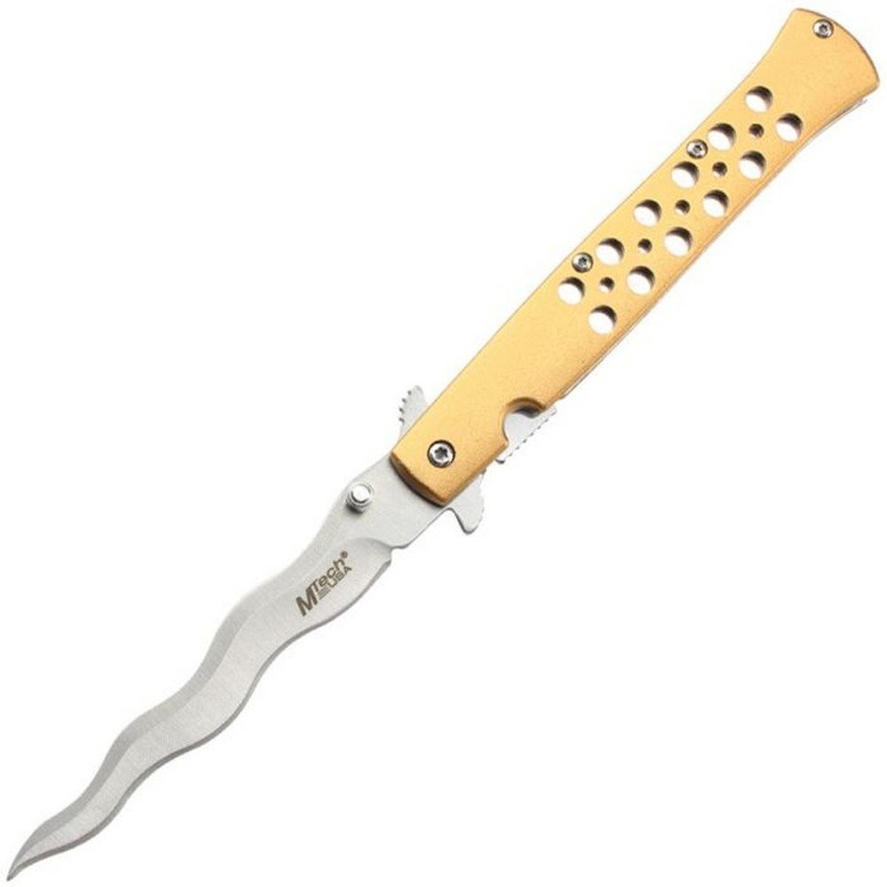 MTech Folding Knife 3Cr13MoV Steel Wavy Blade Gold Aluminum Handle - MT-A2042WG