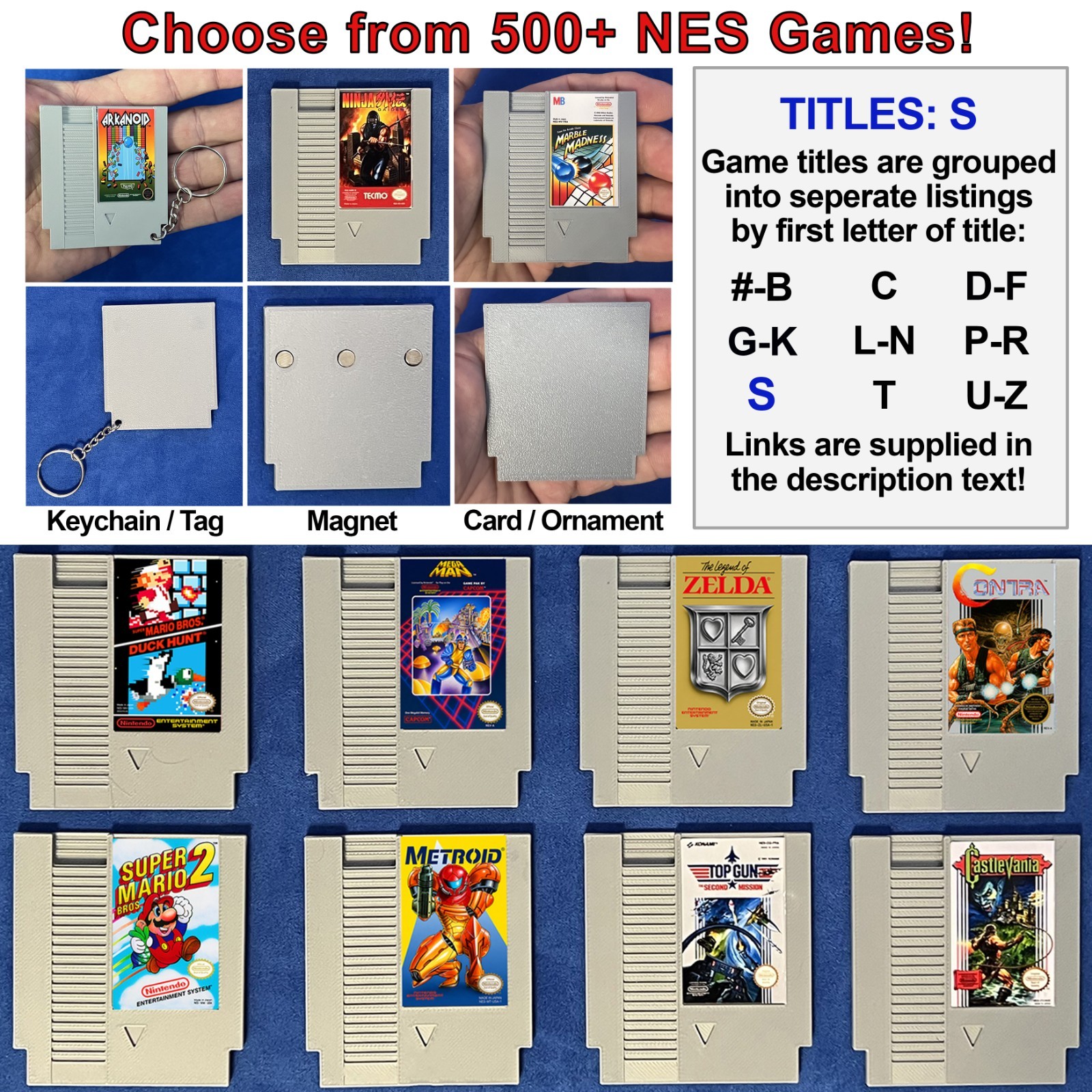 Nintendo NES Mini Cartridge - Keychain Magnet Ornament - Choose Game Title - S