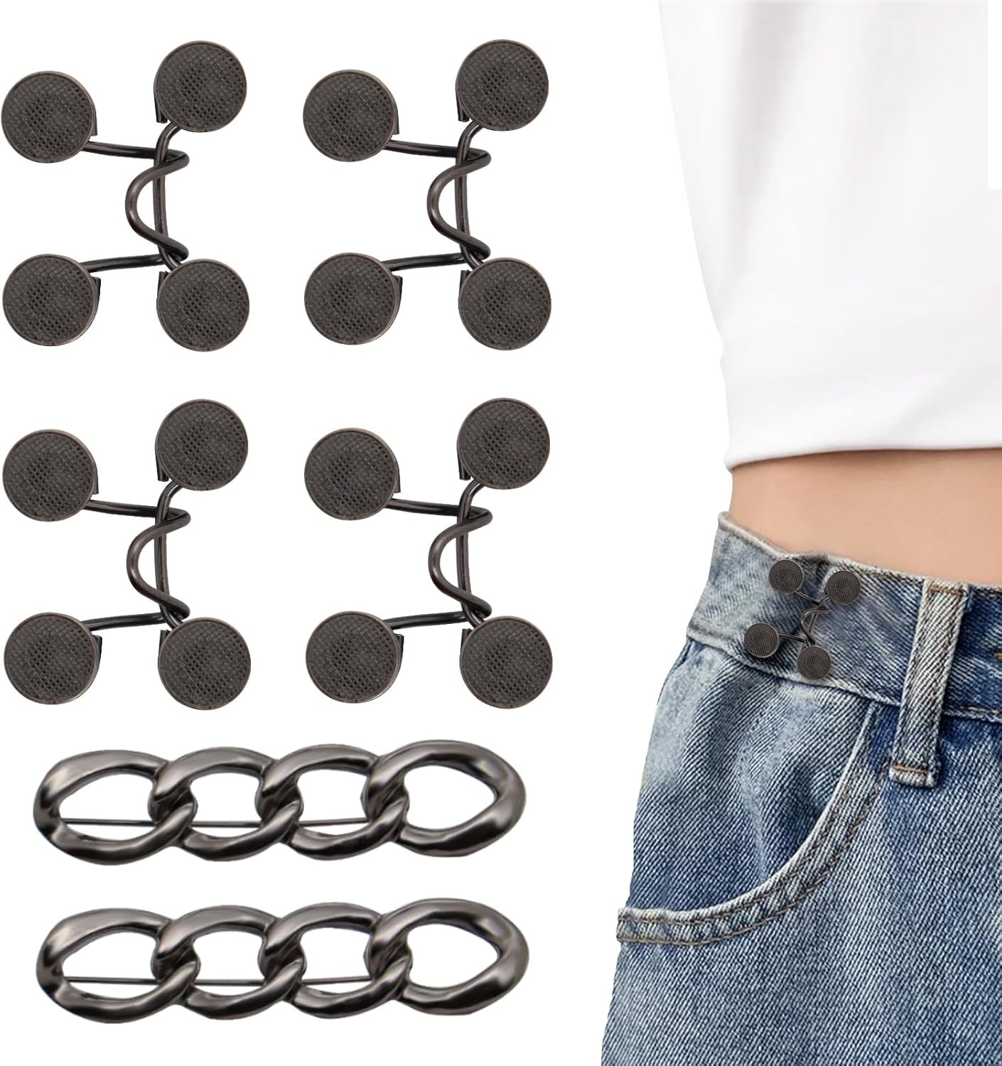 6 Set Pant Waist Tightener Buttons Pins for Loose Jeans normal, BLACK