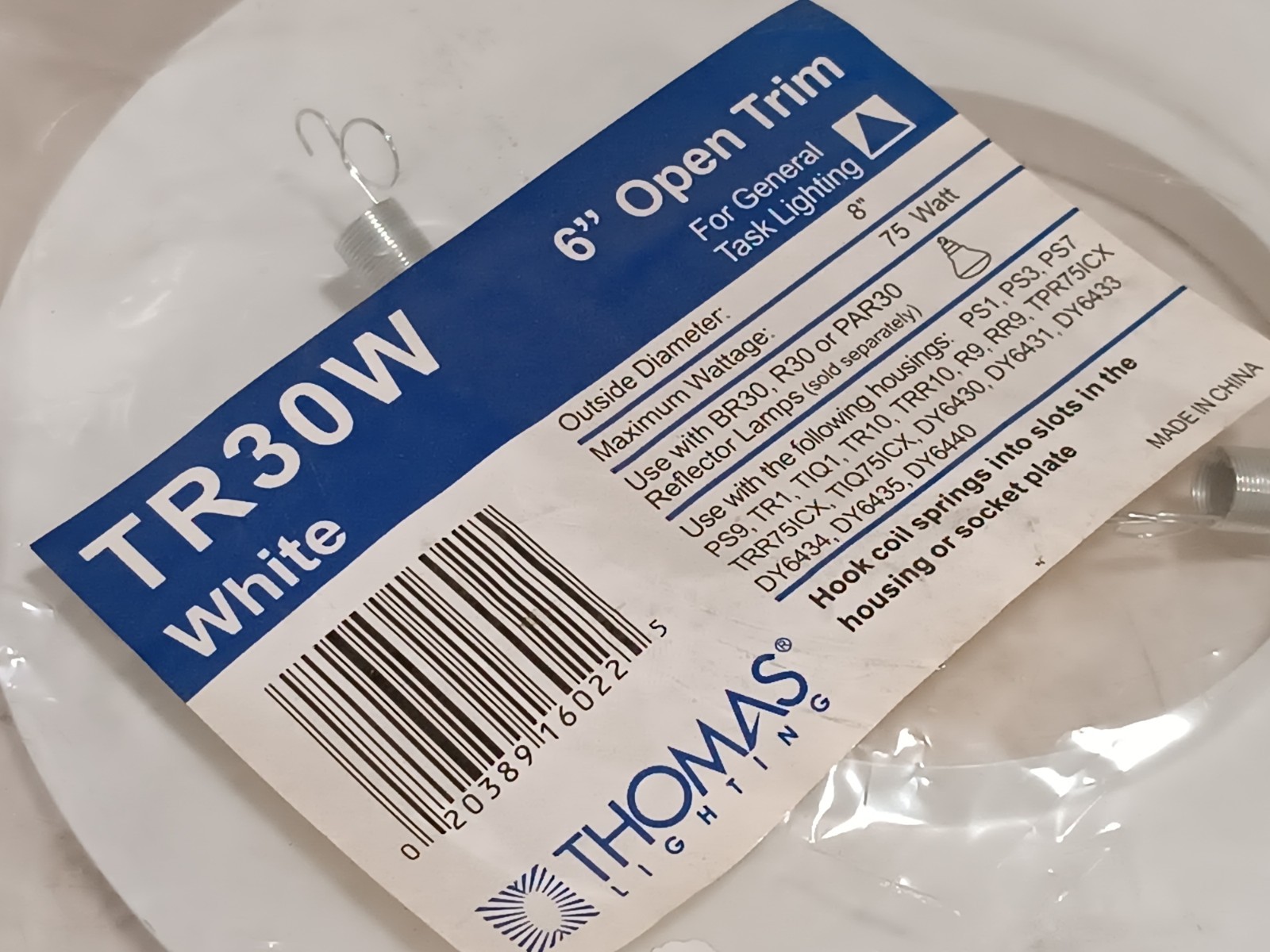(3) Thomas Lighting TR30W 6" open trim for general task lighting, white, 8"OD