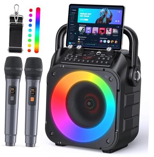 Karaoke Machine, Portable Bluetooth Speaker with 2 Wireless Microphones 2 Mics