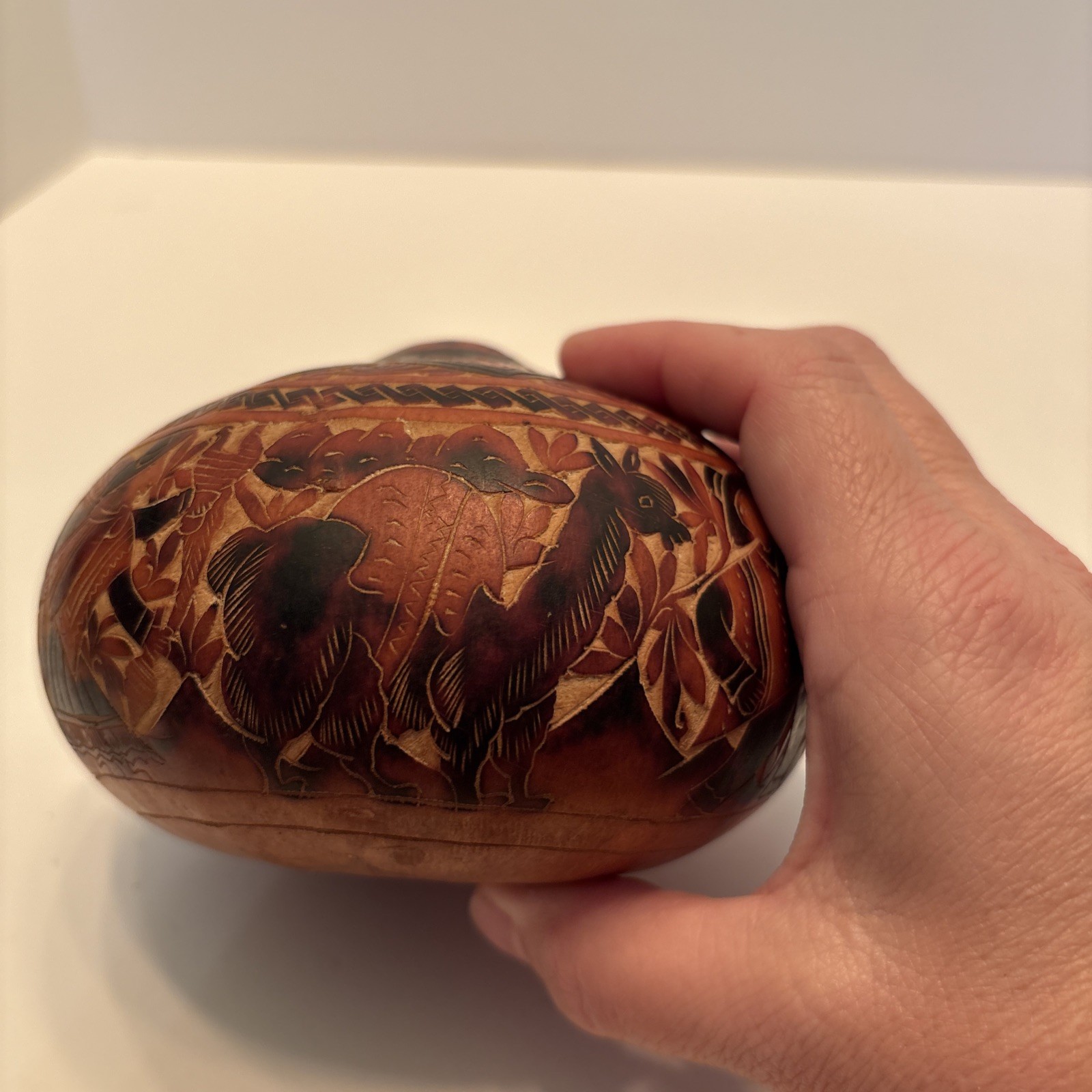 Vintage Peruvian Hand Carved Gourd Story Scene Peru Folk Art Village Life Lama