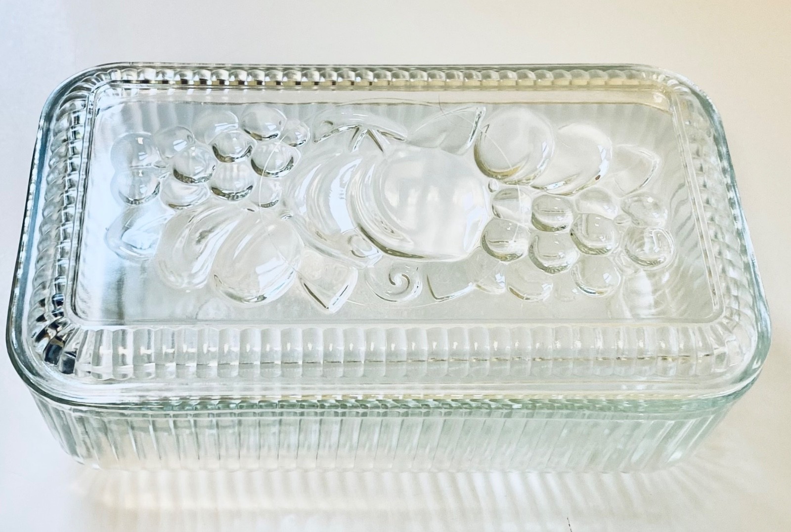 Vintage Federal Ribbed Glass Refrigerator Box with Fruit Relief Motif MCM